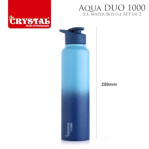 Image of Crystal Aqua 1000 Stainless Steel Water Bottle, Leakproof Lid, Single Walled, ISI Certified I For School, Office, Gym I Light & Dark Blue | Pack of 2