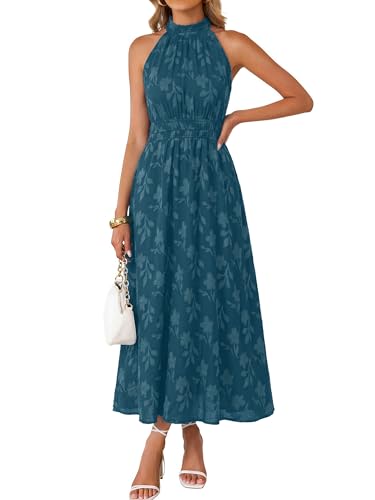 Image of Simplee Womens Summer Halter Maxi Dress Boho Floral Wedding Guest Dress Flowy Sleeveless Long Sundresses with Pockets