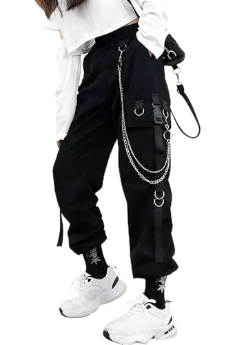 DINGJIUYAN Gothic Cargo Parachute Pants with Chain Women Plus Size High Waist Y2k Harajuku Steampunk Halloween Trousers