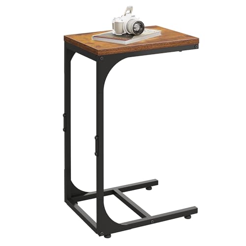 WLIVE C Shaped End Table, Small Couch Side Tables with Metal Frame That Slide Under, Sofa Table TV Tray for Living Room, Bedroom, Rustic Brown