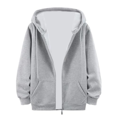 Full Zip Hoodies for Men UK Oversized Long Sleeve Sweatshirts Casual Plus Size Drawstring Hooded Sweatshirt with Pockets Lightweight Solid Color Cardigans Tops Grey
