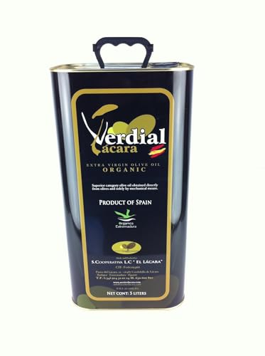 Verdial Lácara Aceite de Oliva Virgen Extra Ecológico 5L AOVE, Variedad Verdial de Badajoz-Aceite Premium 100% Español, Extracción en Frío, Sabor Suave y Natural