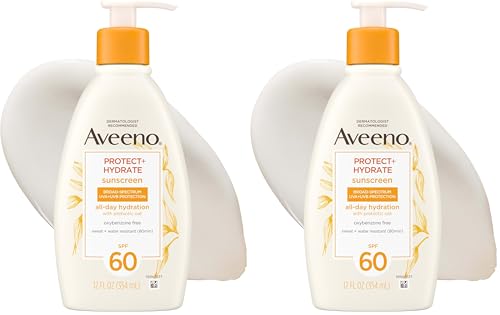 Image of Aveeno Protect + Hydrate Sunscreen Moisturizing Lotion with Prebiotic Oat,Broad Spectrum SPF60,Paraben,& Oil Free,Weightless,Water & Sweat Resistant (80-min) for Sensitive Skin,12 Fl Oz,(Pack of 2)