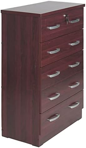 Better Home Products Cindy 5 Drawer Chest Wooden Dresser with Lock in Mahogany