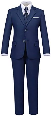 Addneo Boy's Silm Fit Formal Suits 5 Piece with Shirt and Vest, Navy 5pc (Navy Tie), 14