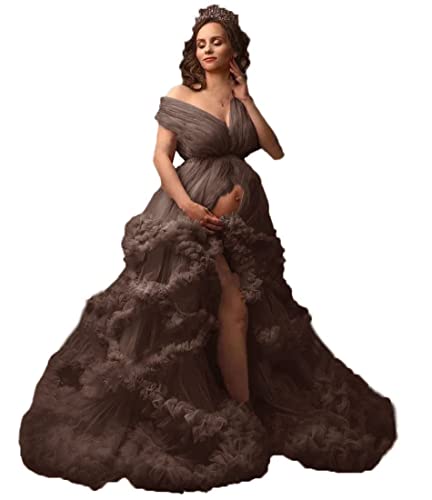Qqcute Off The Shoulder Tulle Maternity Dress For Photoshoot Sheer Long Bridal Lingerie Pregnancy Baby Shower Bathgown(Brown,L-Xl) #TOP14