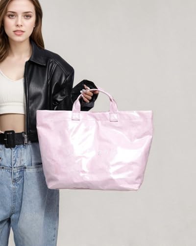 Image of PVC Tote Bag Gifts for Women Large Tote Purse Kraft Paper Letter Print Hobo Handbags for Work Beach Shopping Travel