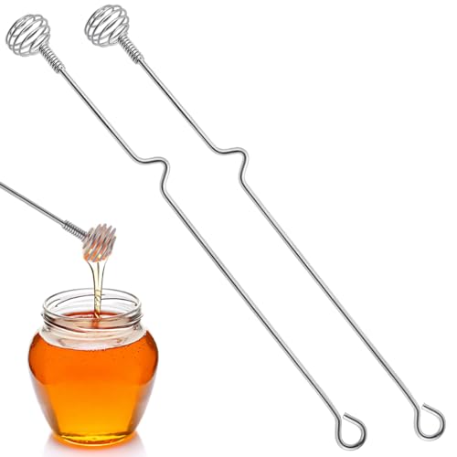 2PCS Honey Spoons, Honey and Syrup Dipper, 10.2-inch Long Handle Stainless Steel Honey Sticks with Hook, PYGHAP Honey Spoon Stirrer Mixing Tool for Honey Jam Jar Dispense (Silver)