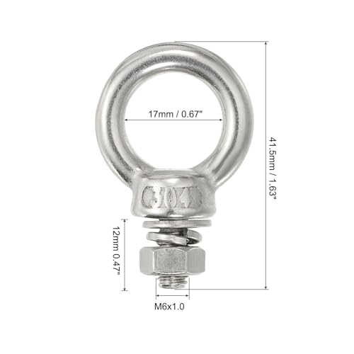 Image of uxcell M6*12 1 /4 inchx0.47 inch Stainless Steel Eye Bolts Threaded Screw Eyebolt Shoulder Ring with Nuts Washers for Lifting Hanging, 4 Set