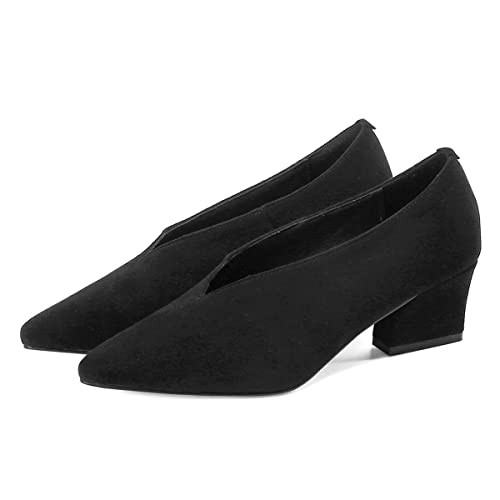 YDN Women Pointed Toe V-Cut Pumps Slip On Chunky Low Heels Formal Wear Outfit Shoes Size 4-15 US2