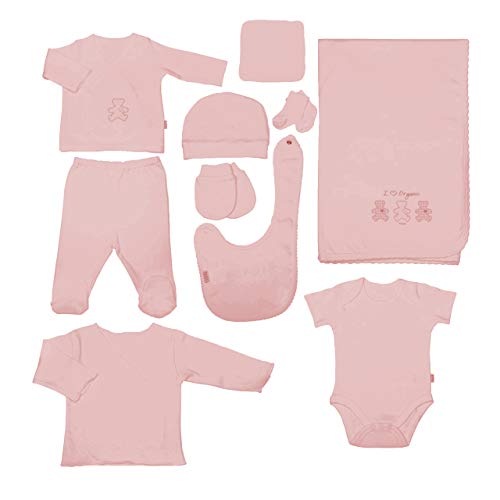 Organic 10 Piece Layette Set of Baby Essentials for Newborn Boys and Girls; Certified Organic Newborn Baby Boy and Girl Clothes and Outfits for 0-3 Months (Pink)