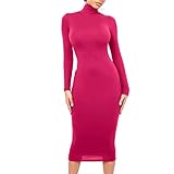 QIYUN.Z Mujeres Invierno Cuello Alto Vestidos Ajustados Manga Larga Sólido Midi Sexy Club Vestido Rosa Rojo L