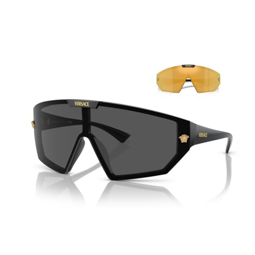Versace VE4461 イレギュラーサングラス メンズ レディース + デザイナー iWear 無料アイウェアキット付きセット, ブラック/ダークグレー/ミラーゴールド。, 47