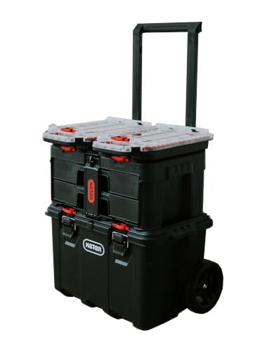 Stack N’ Roll 4-Piece Rolling Tool Storage System – Includes Large Rolling Tool Box, 2-Drawer Tool Box & 2 Tray Organizers | Modular Stackable Tool Storage with Wheels for Garage & Workshop