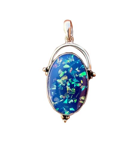 925 Sterling Silver Oval Crystal Blue Opal Pendant, Iridescent Mosaic Design, Vintage Style