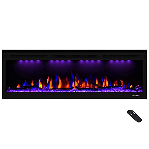 Masarflame Luxurious 50" Electric Fireplace, Wall Mounted&In Wall Recessed Fireplace Heater, Adjustable Flame Color & Top Light, Remote&Touch Control With Timer&Thermostat, Log & Crystal Set #TOP10