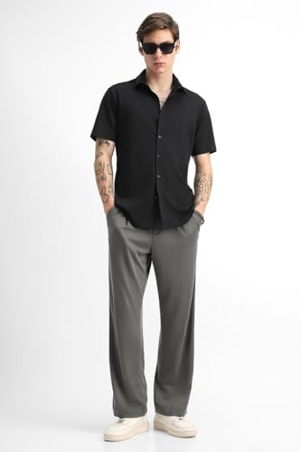 Image of SNITCH Men Casual Trousers | Loose Fit Pleated Front Plain Wide-Leg Style | Lightweight Polyester Blend Medium-Stretch Fabric for Summer & All-Day Comfort Wear