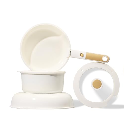 كاروت طقم اواني طهي سيراميك من 6 قطع بمقبض قابل للفصل، مقلاة ومقلاة مع اغطية، مجموعة طهي صحية غير لاصقة خالية من PFAS، متوافقة مع جميع مواقد المطبخ، امنة للاستخدام في غسالة الصحون (لون كريمي)