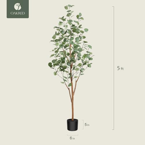 Image of Artificial Eucalyptus Tree 5ft, Tall Fake Tree with Natural Wood Trunk and Realistic Silver Dollar Leaves, Silk Faux Eucalyptus Artificial Plants for Indoor Home Decor Office Living Room