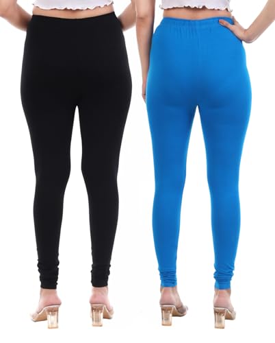 Image of TPF Women Solid Cotton Lycra 4 Way Stretchable Leggings | Combo Pack of 2 Comfortable Churidar-Length Slim Fit Leggings for Women & Girls