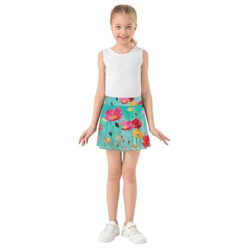 Joisal Skirts with Shorts Watercolor Painting Flowers Teal Athletic Shorts for Girls Skorts Breathable Flowy Skirt 4t3