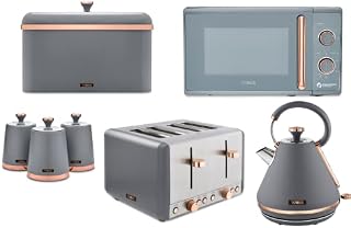 Tower Cavaletto Grey & Rose Gold Kitchen Set of 7 Including Pyramid Kettle, 4 Slice Toaster, Microwave, Bread Bin & 3 Canisters. Contemporary Matching Kitchen Set in Grey & Rose Gold