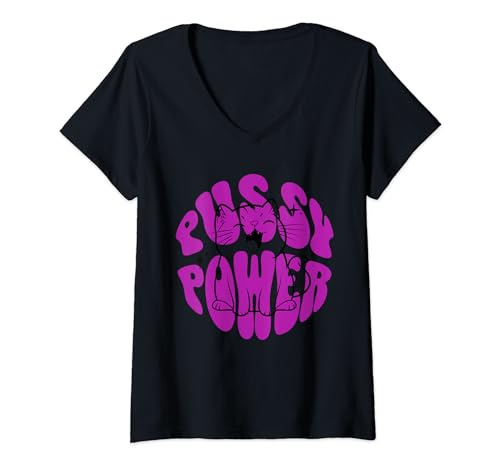 Donna Pussy Power Bold Feminist Cat Tee Maglietta con Collo a V