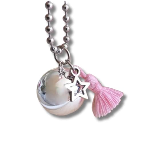 Naïris bijoux Bola de Grossesse en argent avec chaine. Bola lisse avec pompon rose pâle et étoile évidée. Modèle Naroth