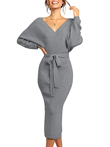 Image of Chang Yun Women's Long Maxi Sweater Dresses Sexy Wrap Batwing V Neck Slit Open Back Holiday Bodycon Dress with Belt