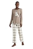 C&A Damen Pyjama Pyjamas Stretch|Baumwolle Stickerei|Kariert Khaki M