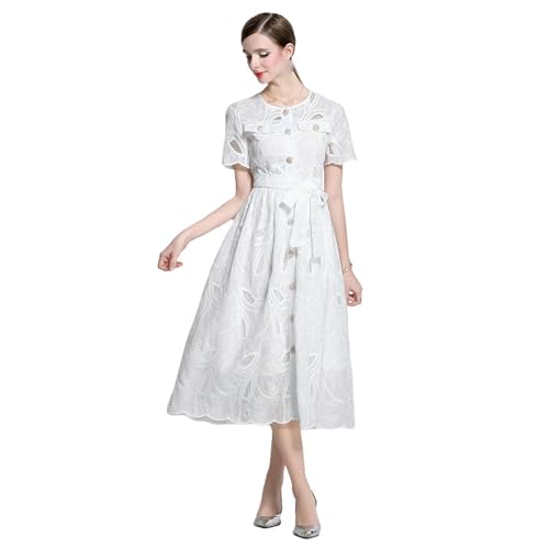 Robe longue d'été vintage col rond manches courtes pour femme