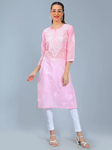 Image of Seva Chikan Hand Embroidered Lucknowi Chikankari Cotton Kurta Kurti for Women SCL4302