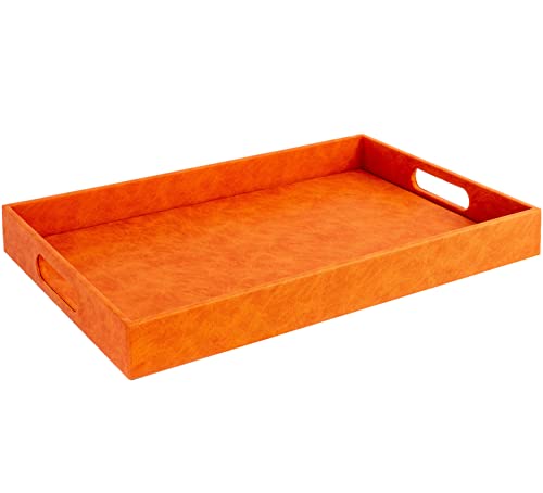 Home Redefined Beautiful Modern Elegant 18"x12" Rectangle Orange Faux Leather Decorative Ottoman Coffee Table Perfume Living Room Kitchen Serving Tray with Handles for All Occasion's