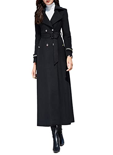 Women's Black Long Wool Coat Double-Breasted Thick Warm Jacket Winter