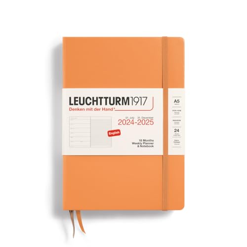 LEUCHTTURM1917 370715 - Agenda semanal 2025, tamaño mediano A5, tapa dura, planificador de 18 meses, a rayas, albaricoque, inglés