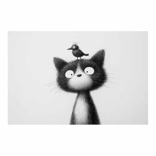 HUYEEI de pared moderno abstracto en blanco y negro con Gatos y Pájaro quadros decoração, Adecuado para sala de estar, dormitorio,Apartamento, etc.（blanco y negro181-40x60cm Sin marco