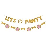 Gold Glittery Lets Pawty Puppy Girls Birthday Banner Pet Adoption Party Supplies Doggie Bone Photo Props - 2 Strands
