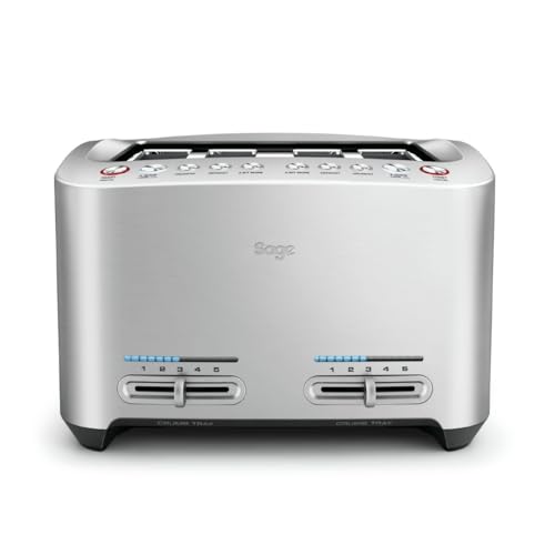 Sage - The Smart Toast - 4-Slice Toaster, 2000 W - Extra Wide Slots, 5 Browning Levels, Automated Lowering, Easy to Clean - Frozen, Crumpet, Lift & Look - Bagel, Toast, Bread - Brushed Aluminium