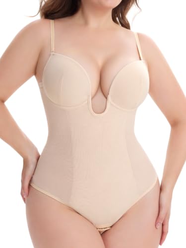 Slimers Thong Shapewear for Women Tummy Control Low Back U Plunge Backless Body Shaper Bra Faja with Open Crotch Bodysuit, Beige, X-Large