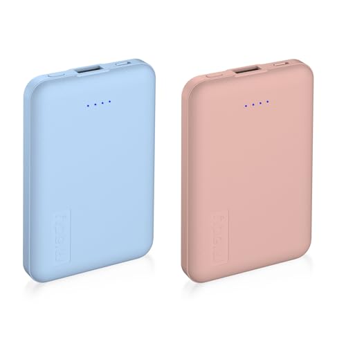 Miady 2-Pack 5000mAh Mini Portable Charger, 5V 2.4A USB-C Output Fast Charging Battery Pack Travel Small Power Bank Compatible with iPhone 16/15 Galaxy S24/S22 iPad Android etc (Cream Blue+ Pink)
