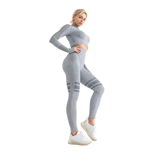 MANON ROSA Workout Sets Women 2 Piece Gym Outfits Seamless Yoga Clothe Long Sleeve Crop Top 3 Stripes High Waist Legging Exercise Fitness Mesh Lightgrey Medium
