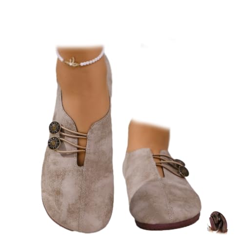 Mjuka och flexibla ortopediska skor, mjuka lätta ortopediska loafers bekväma rund tå balett mocka slip-on platt sko med knapp, Ljusbrunt, 43 EU