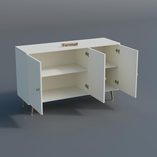 Image of Wooden Storage Cabinet for Living Room & Bedroom | Fluted Design Sideboard with 3 Doors | Multipurpose Organizer for Entryway | HDMR Premium Wood | Gold Metal Legs | White