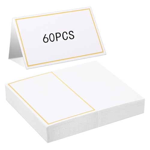 60 Pcs Table Place Cards,2×3.34inch Gold Foil Name Card Foldable to Stand, Food Labels for Table Setting Party Dinner Reception
