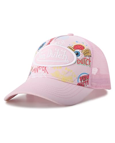 Image of Von Dutch Monogram Trucker Cap - Retro Snapback Cap for Men and Women - Adjustable Snap Fit Panel, Mesh Rear, Curved Bill