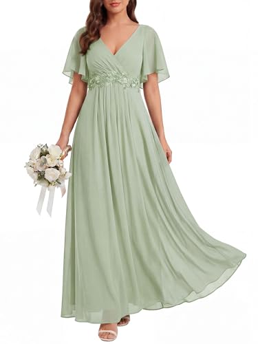 Image of Ever-Pretty Womens V Neck Applique Mother of the Bride Dresses Formal Dress | Chiffon, Short Sleeves, Ruched, A-Line, Bridesmaid Dresses, Formal Gown, Black Tie Dress