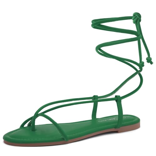 Shoe Land Women’s Flat Sandals – Comfortable Lace-Up Gladiator Sandals with Adjustable Ankle Wrap | Strappy Crisscross Open Toe Tie-Up Shoes for Summer, Beach & Travel, Green, Size 6.5, SL-Auday