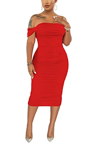 Image of Fooullaide Women's Sexy Off Shoulder Sleeveless Bodycon Ruched Midi Dress | Stretchy, Breathable, Mesh, Not See-Through, Elegant,Formal Gown, Cocktail, Evening, Party, Night Out Tube Dresses