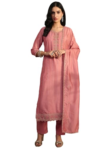 Image of Libas Embroidered Silk Blend Straight Kurta With Trouser and Dupatta