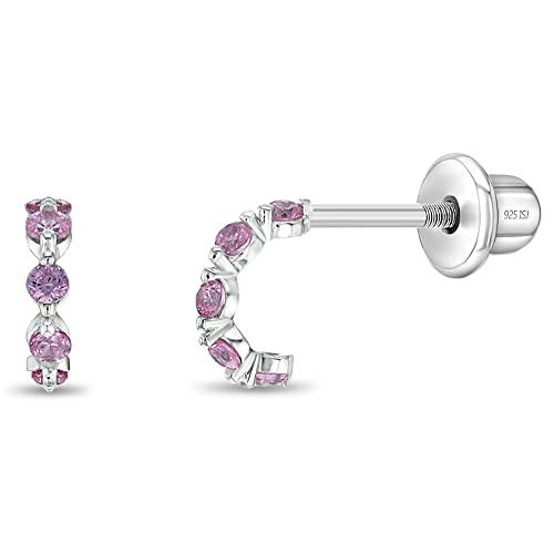 925 Sterling Silver Pink Cubic Zirconia Half Hoop Screw Back Earrings For Young Girls and Pre-Teens- Glittering & Fashionable Hoop Earrings For Daily Use- Exquisite Design